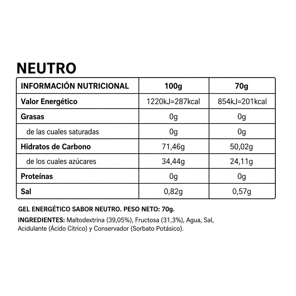 Scientiffic Gel Plus Max 50 Neutro - información nutricional