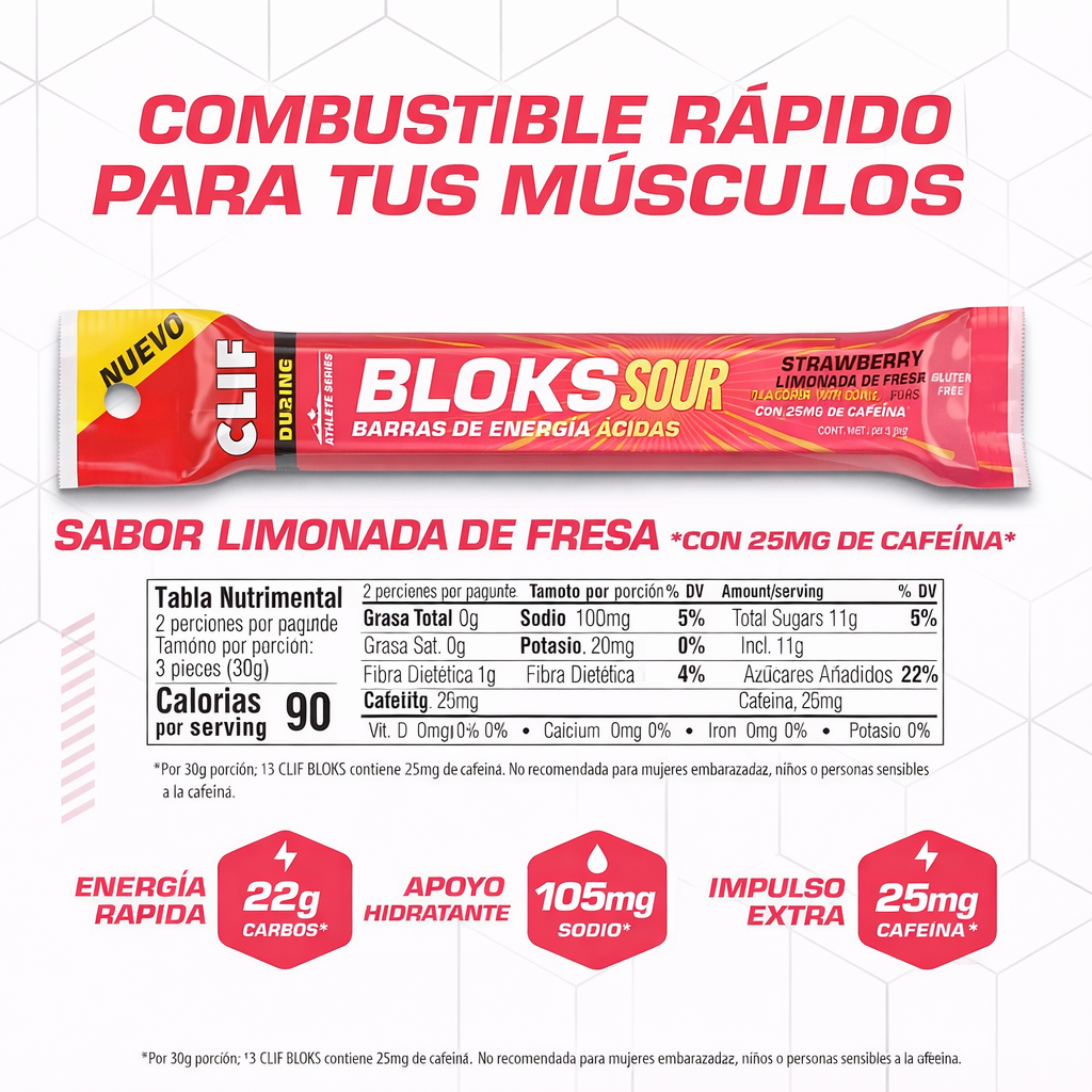CLIF BLOKS Sour Strawberry Lemonade con Cafeína